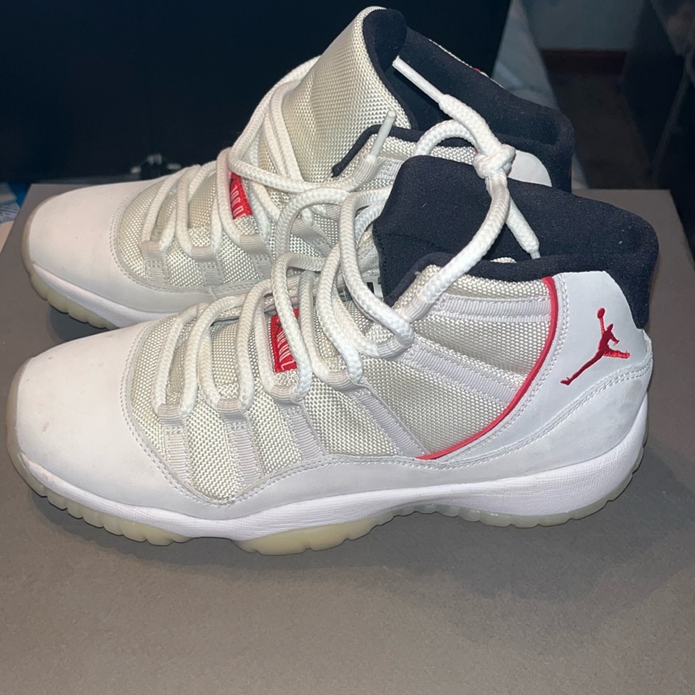 Kid size 7 white grey and red Jordan 11